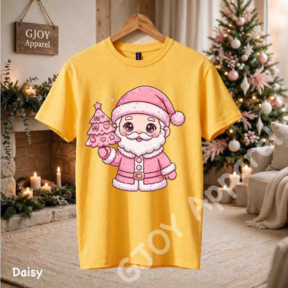 Cute Pink Santa Claus T-Shirt - Pink Santa Holding Christmas Tree Design - Daisy Gildan 5000 - Grand Print YJ