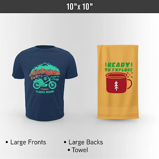 Personalized Navy t-shirt with motorcycle graphic and Personalized yellow towel with camping design on a light gray background