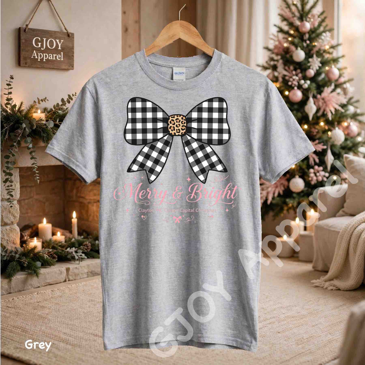 Clayton NC Cotton Capital Christmas T-Shirt - Merry and Bright Buffalo Bow - Grey Gildan 5000 - Grand Print YJ