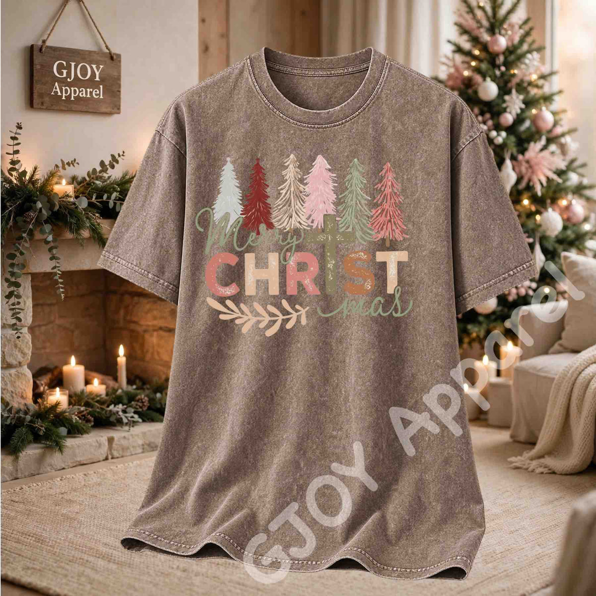 Merry Christmas Christian Acid Wash T-Shirt - Jesus Cross Christmas Trees Design - Brown - Grand Print YJ