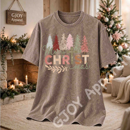 Merry Christmas Christian Acid Wash T-Shirt - Jesus Cross Christmas Trees Design - Brown - Grand Print YJ
