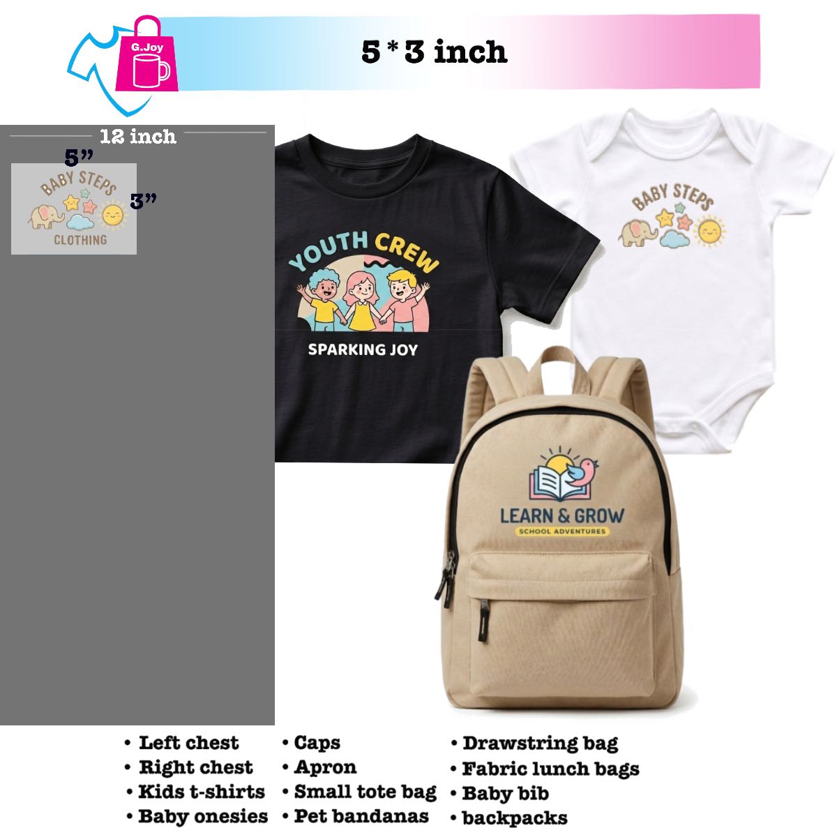 Black t-shirt, white baby onesie, and beige backpack with printed designs and text.