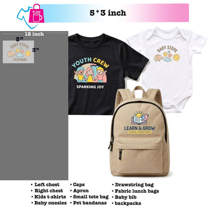 Black t-shirt, white baby onesie, and beige backpack with printed designs and text.