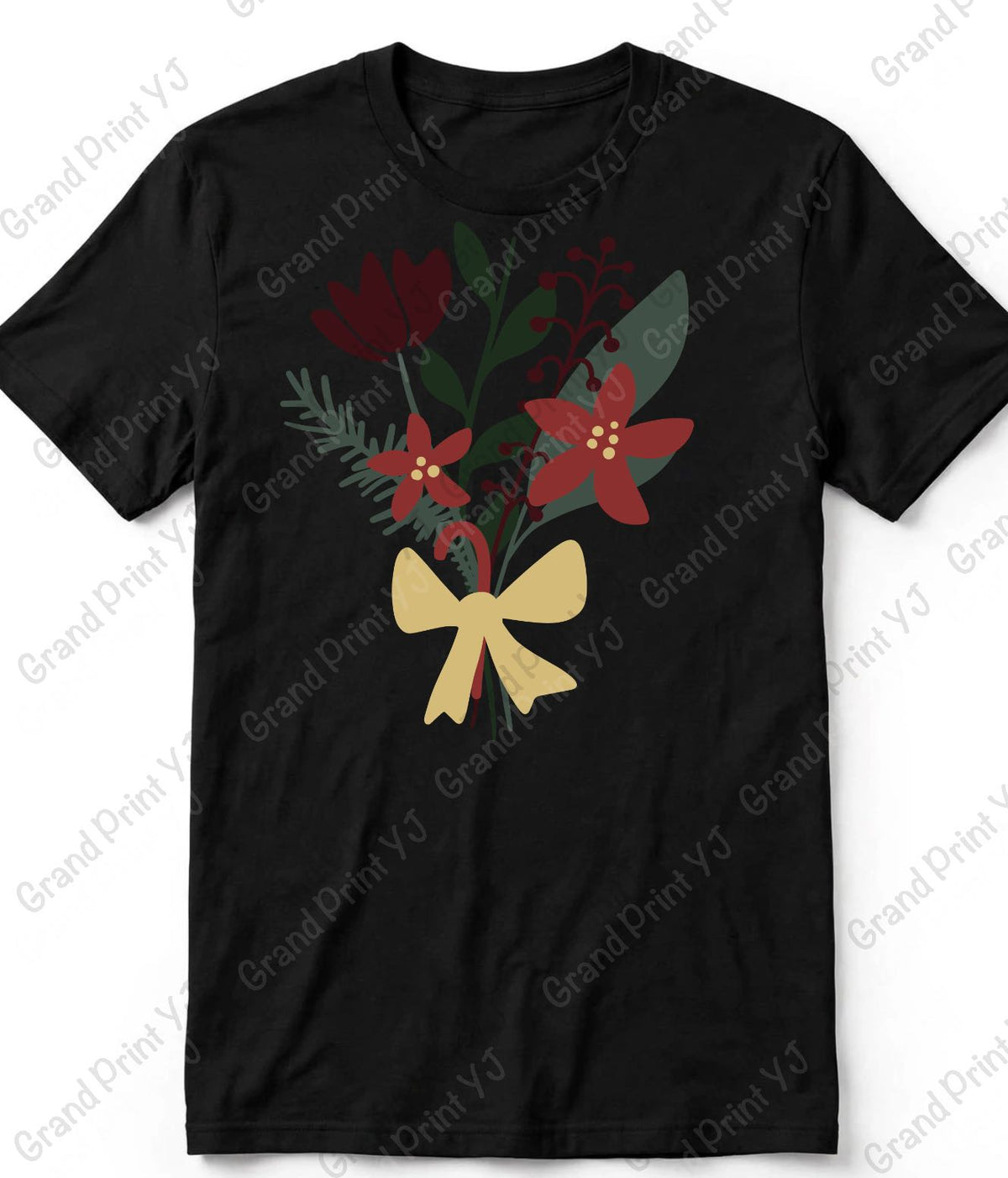 A black short-sleeve crewneck t-shirt featuring a graphic print of a floral bouquet with red flowers, green leaves, and a yellow bow, displayed flat against a white background with diagonal watermarks.