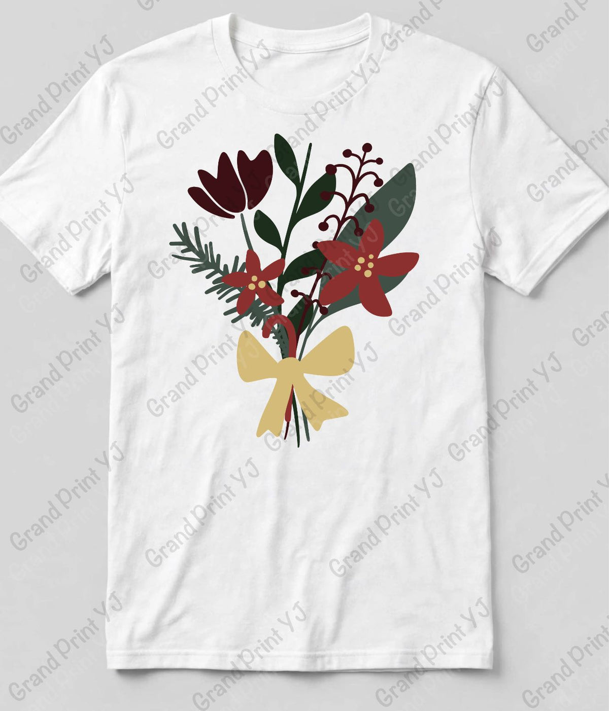 A white short-sleeve crewneck t-shirt featuring a colorful graphic print of a floral bouquet with red flowers, green leaves, and a yellow bow, displayed flat against a light gray background with diagonal watermarks.