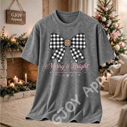 Clayton NC Cotton Capital Christmas Acid Wash T-Shirt - Merry and Bright Buffalo Bow - Grey - Grand Print YJ