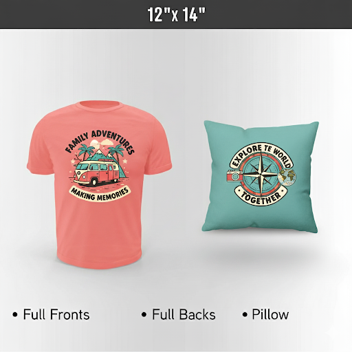 Personalized Coral t-shirt and Personalized teal pillow with travel-themed designs on a light gray background