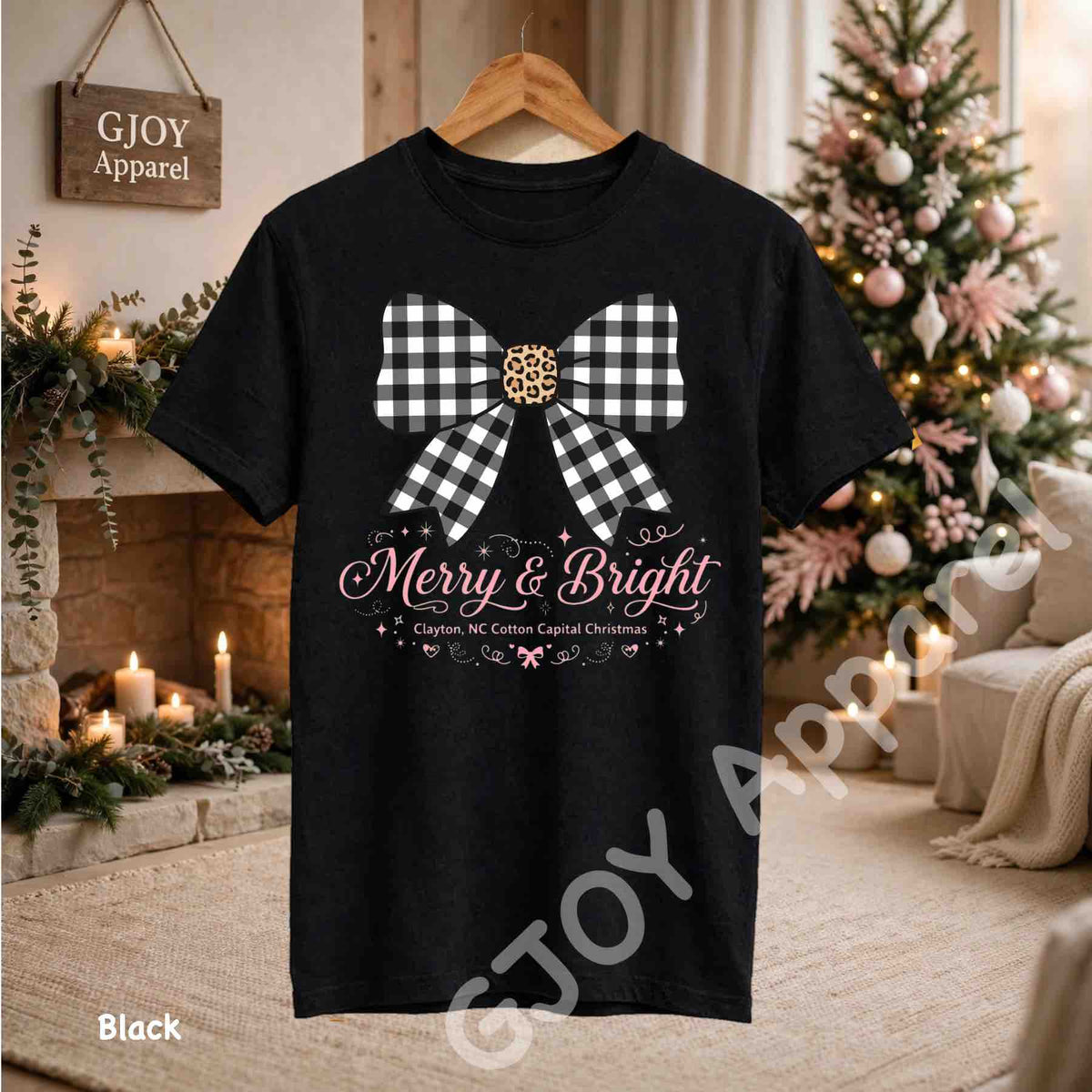 Clayton NC Cotton Capital Christmas T-Shirt - Merry and Bright Buffalo Bow - Black Gildan 5000 - Grand Print YJ