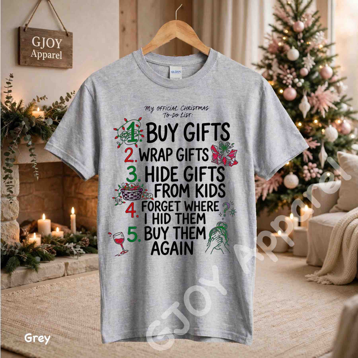 My Official Christmas Todo List T-Shirt - Funny Buy Gifts Wrap Gifts Hide Gifts From Kids Christmas Checklist Design - Grey Gildan 5000 - Grand Print YJ