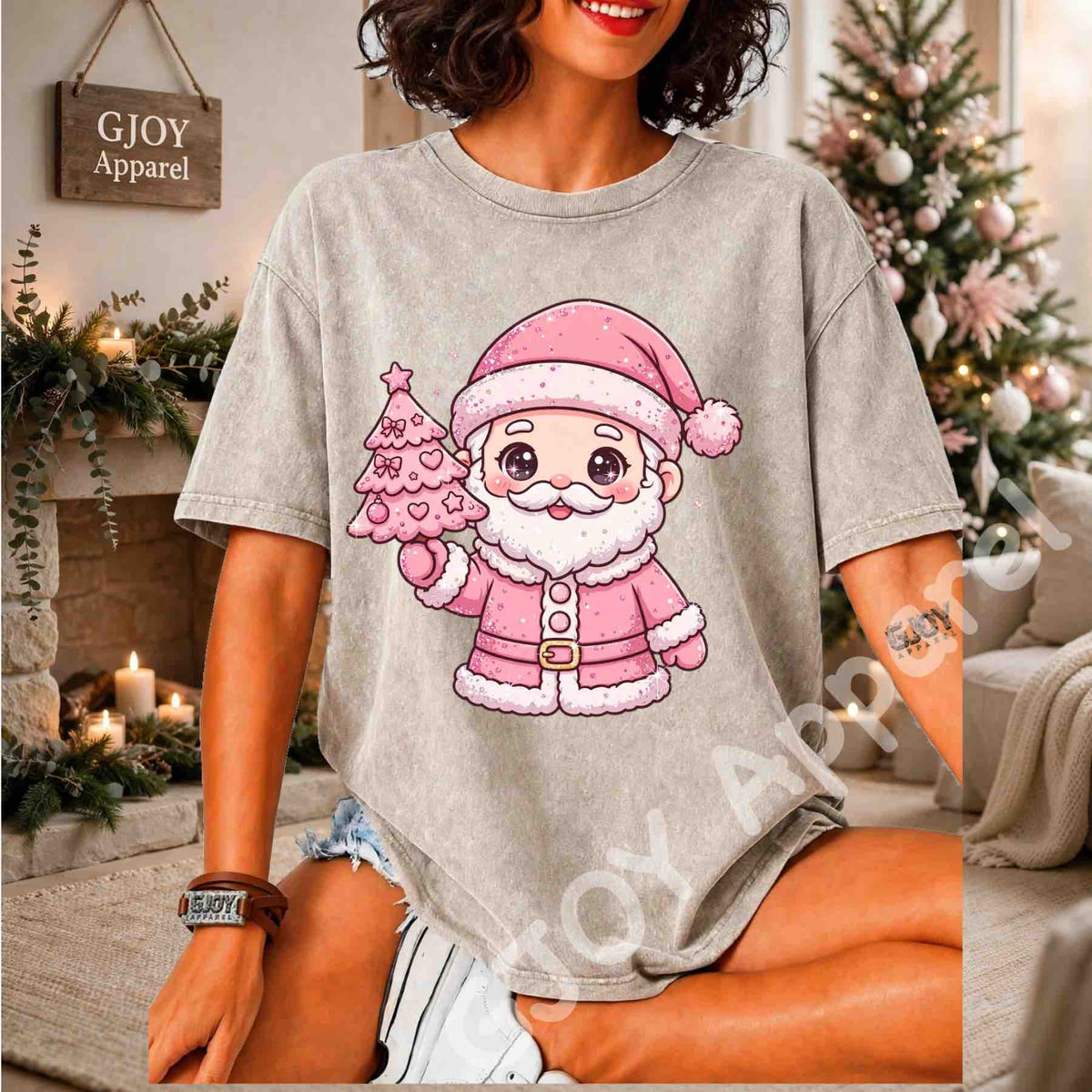 Cute Pink Santa Claus T-Shirt - Pink Santa Holding Christmas Tree Design - Grey Gildan 5000 - Grand Print YJ