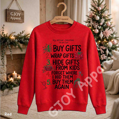 My Official Christmas Todo List Sweatshirt - Funny Buy Gifts Wrap Gifts Hide Gifts From Kids Christmas Checklist Design - Red - Grand Print YJ