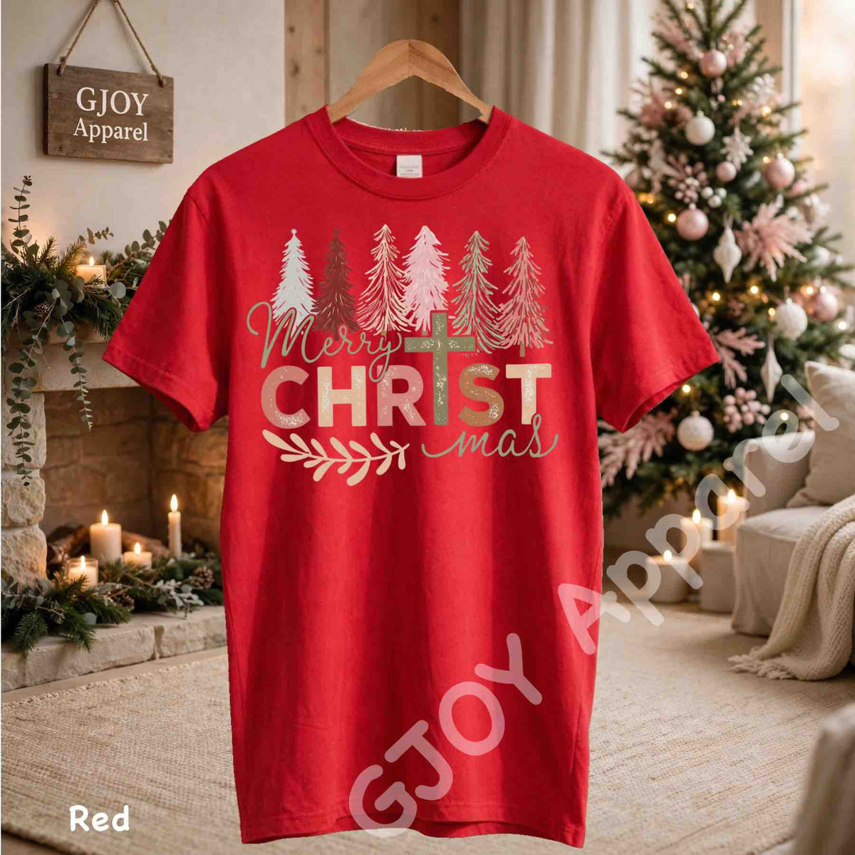 Merry Christmas Christian T-Shirt - Jesus Cross Christmas Trees Design - Red Gildan 5000 - Grand Print YJ