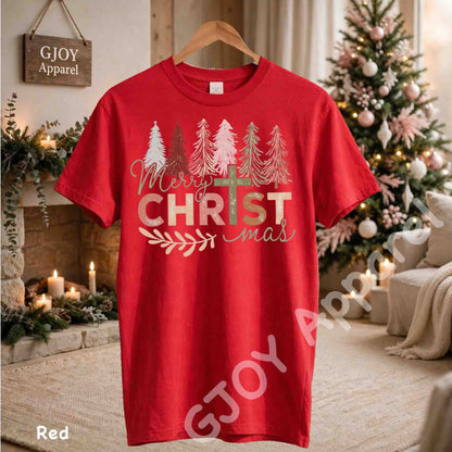 Merry Christmas Christian T-Shirt - Jesus Cross Christmas Trees Design - Red Gildan 5000 - Grand Print YJ