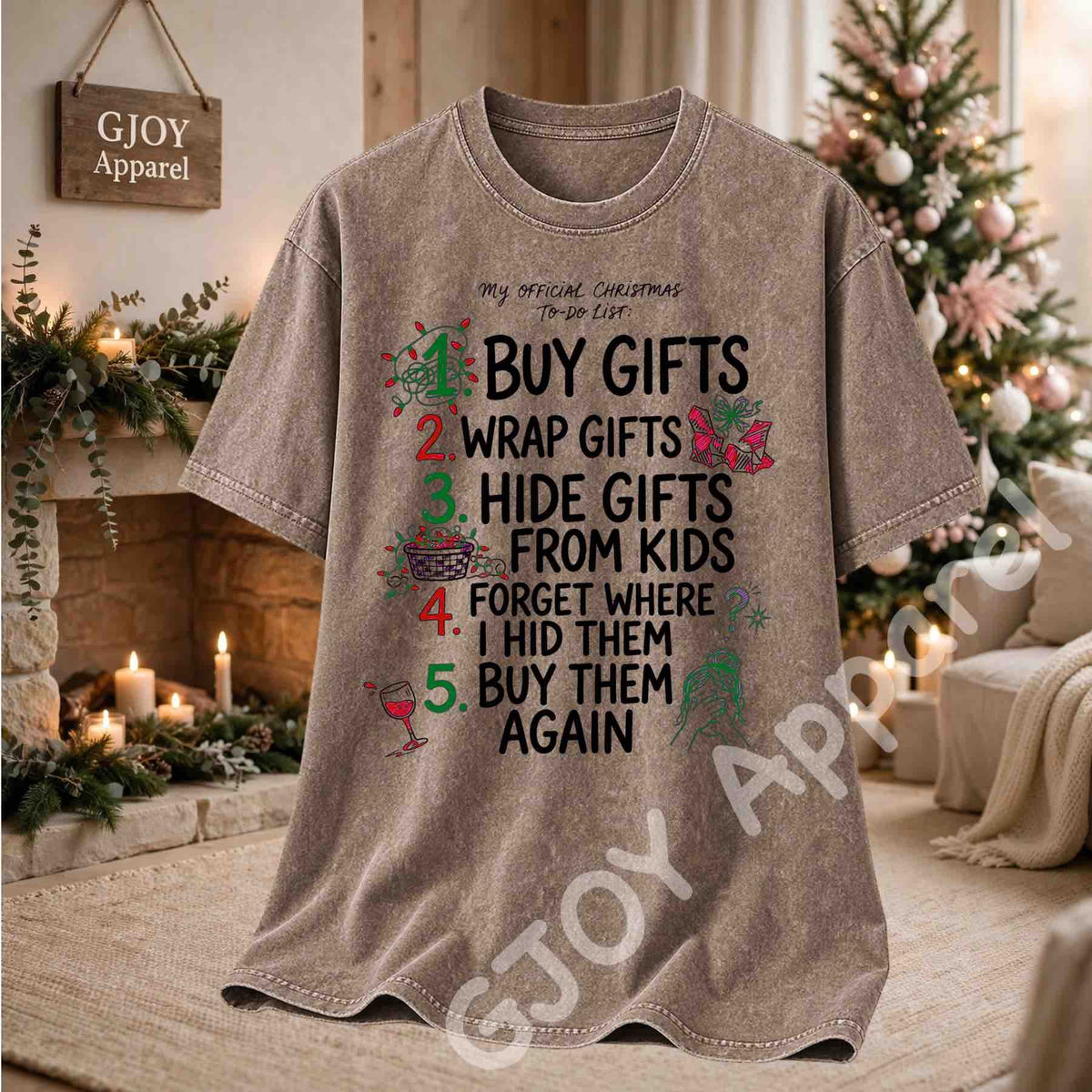 My Official Christmas Todo List Acid Wash T-Shirt - Funny Buy Gifts Wrap Gifts Hide Gifts From Kids Christmas Checklist Design - Brown - Grand Print YJ