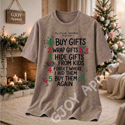 My Official Christmas Todo List Acid Wash T-Shirt - Funny Buy Gifts Wrap Gifts Hide Gifts From Kids Christmas Checklist Design - Brown - Grand Print YJ