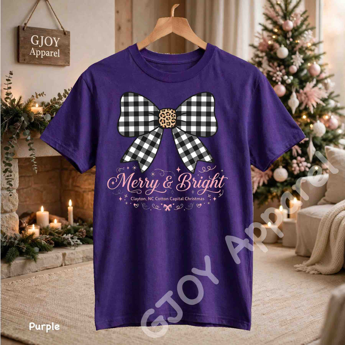 Clayton NC Cotton Capital Christmas T-Shirt - Merry and Bright Buffalo Bow - Purple Gildan 5000 - Grand Print YJ