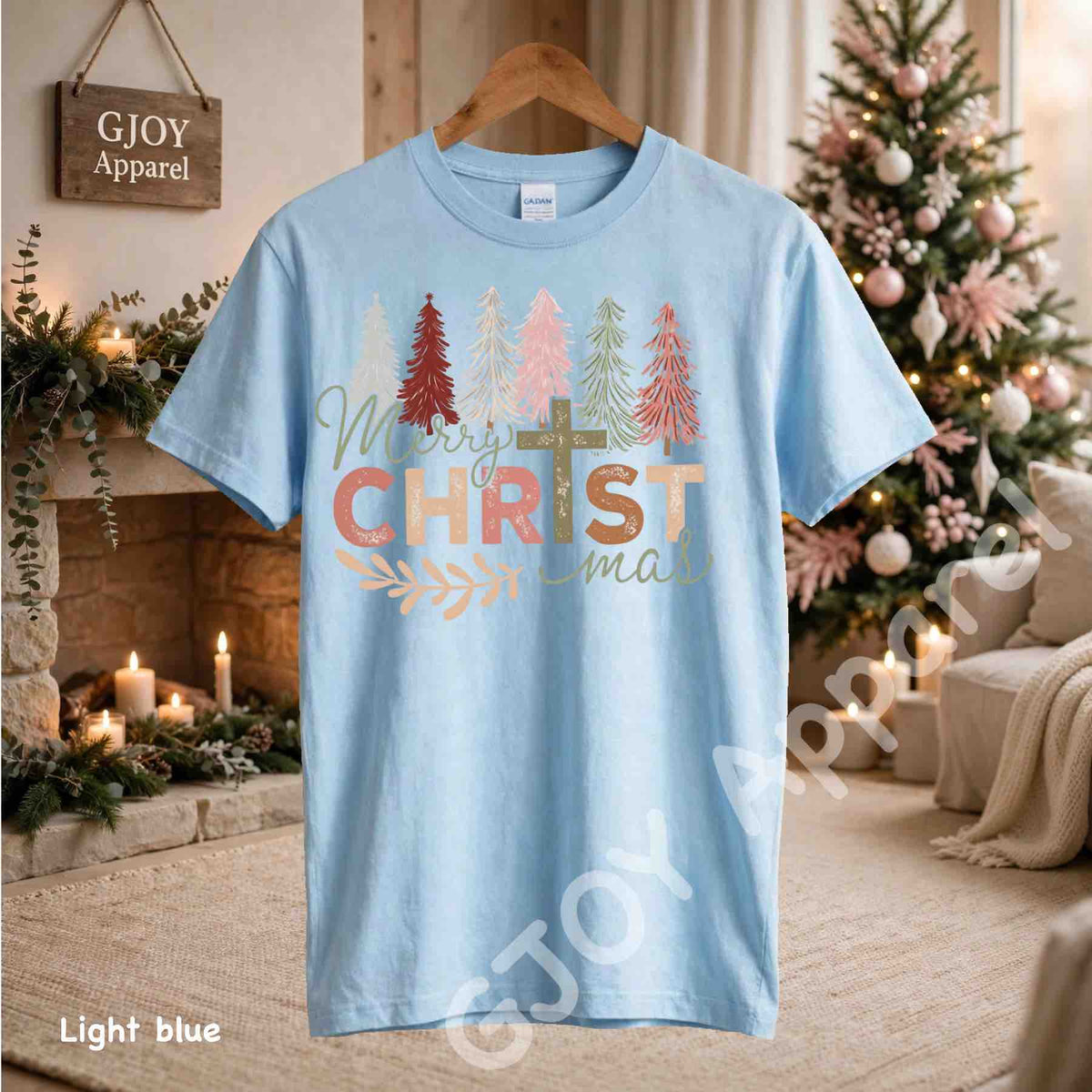 Merry Christmas Christian T-Shirt - Jesus Cross Christmas Trees Design - Light Blue Gildan 5000 - Grand Print YJ
