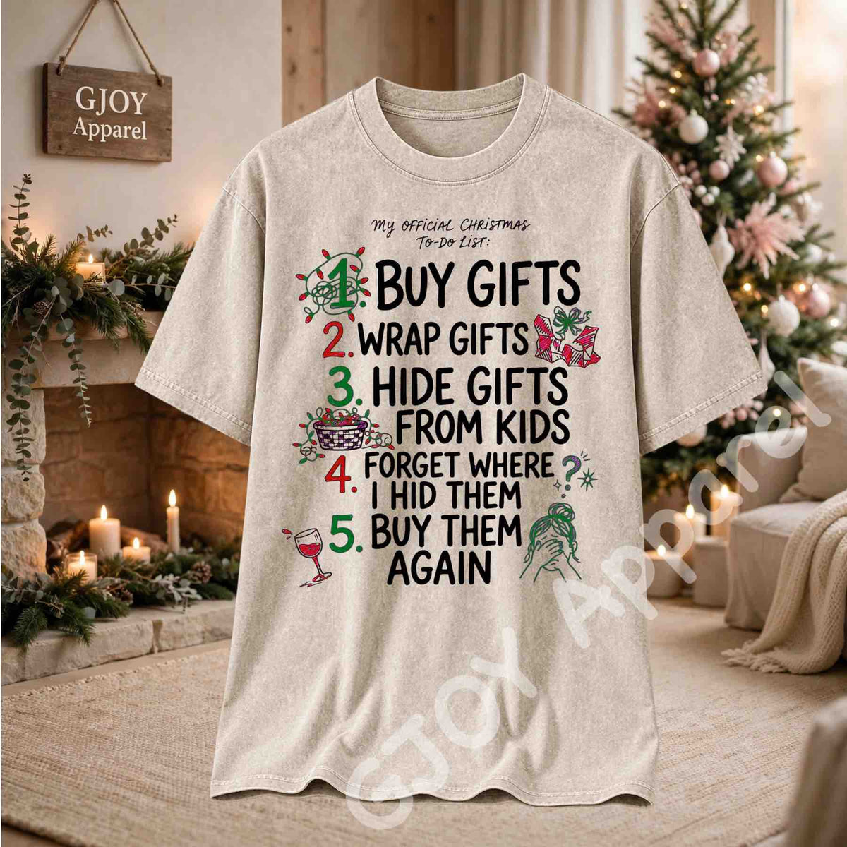 My Official Christmas Todo List Acid Wash T-Shirt - Funny Buy Gifts Wrap Gifts Hide Gifts From Kids Christmas Checklist Design - Beige - Grand Print YJ