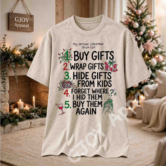 My Official Christmas Todo List Acid Wash T-Shirt - Funny Buy Gifts Wrap Gifts Hide Gifts From Kids Christmas Checklist Design - Beige - Grand Print YJ