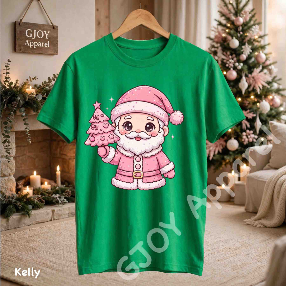 Cute Pink Santa Claus T-Shirt - Pink Santa Holding Christmas Tree Design - Kelly Gildan 5000 - Grand Print YJ