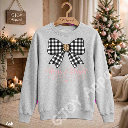 Clayton NC Cotton Capital Christmas Sweatshirt - Merry and Bright Buffalo Bow - Ash - Grand Print YJ