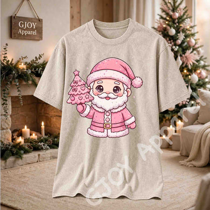Cute Pink Santa Claus Acid Wash T-Shirt - Pink Santa Holding Christmas Tree Design - Beige - Grand Print YJ