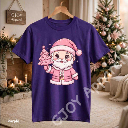 Cute Pink Santa Claus T-Shirt - Pink Santa Holding Christmas Tree Design - Purple Gildan 5000 - Grand Print YJ