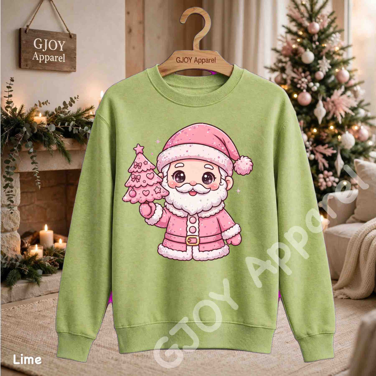Cute Pink Santa Claus Sweatshirt - Pink Santa Holding Christmas Tree Design - Lime - Grand Print YJ