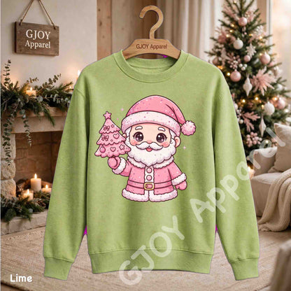 Cute Pink Santa Claus Sweatshirt - Pink Santa Holding Christmas Tree Design - Lime - Grand Print YJ