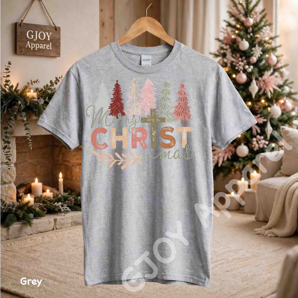 Merry Christmas Christian T-Shirt - Jesus Cross Christmas Trees Design - Grey Gildan 5000 - Grand Print YJ