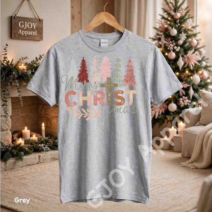 Merry Christmas Christian T-Shirt - Jesus Cross Christmas Trees Design - Grey Gildan 5000 - Grand Print YJ