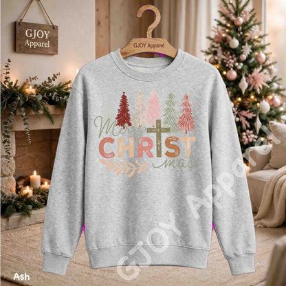 Merry Christmas Christian Sweatshirt - Jesus Cross Christmas Trees Design - Ash - Grand Print YJ