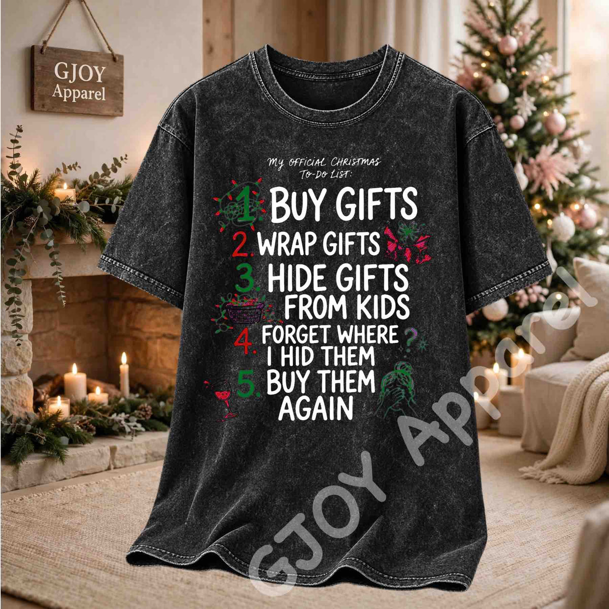 My Official Christmas Todo List Acid Wash T-Shirt - Funny Buy Gifts Wrap Gifts Hide Gifts From Kids Christmas Checklist Design - Vintage Black - Grand Print YJ