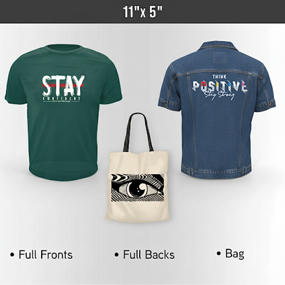 Personalized Green t-shirt,  Personalized blue denim jacket, and Personalized white tote bag with motivational text on a gray background