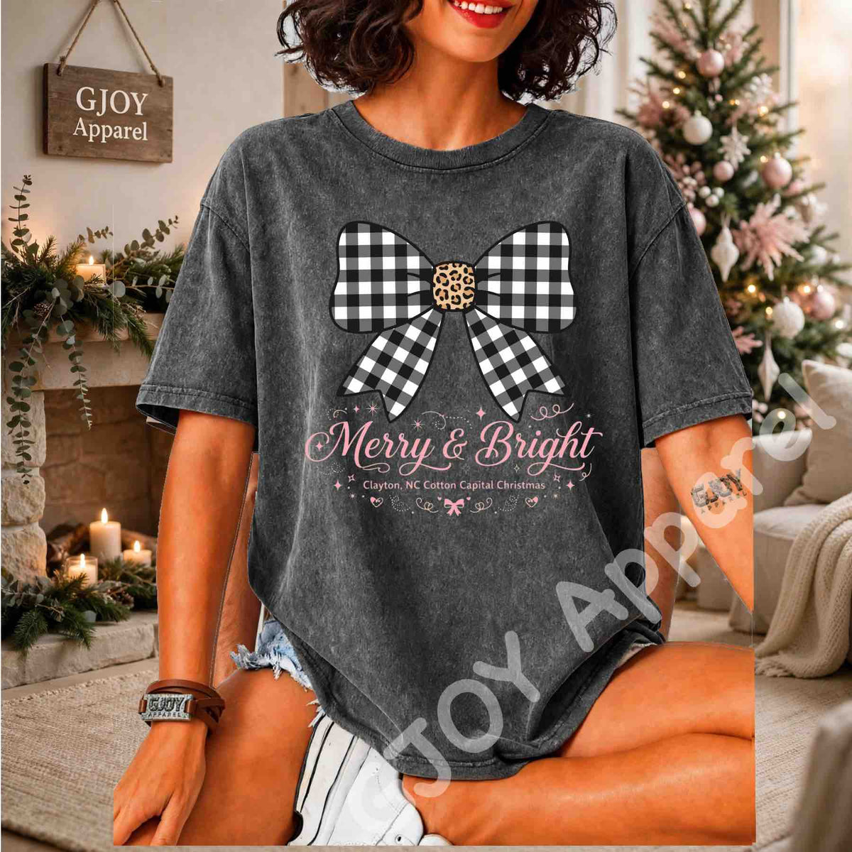 Clayton NC Cotton Capital Christmas Acid Wash T-Shirt - Merry and Bright Buffalo Bow - Grey - Grand Print YJ