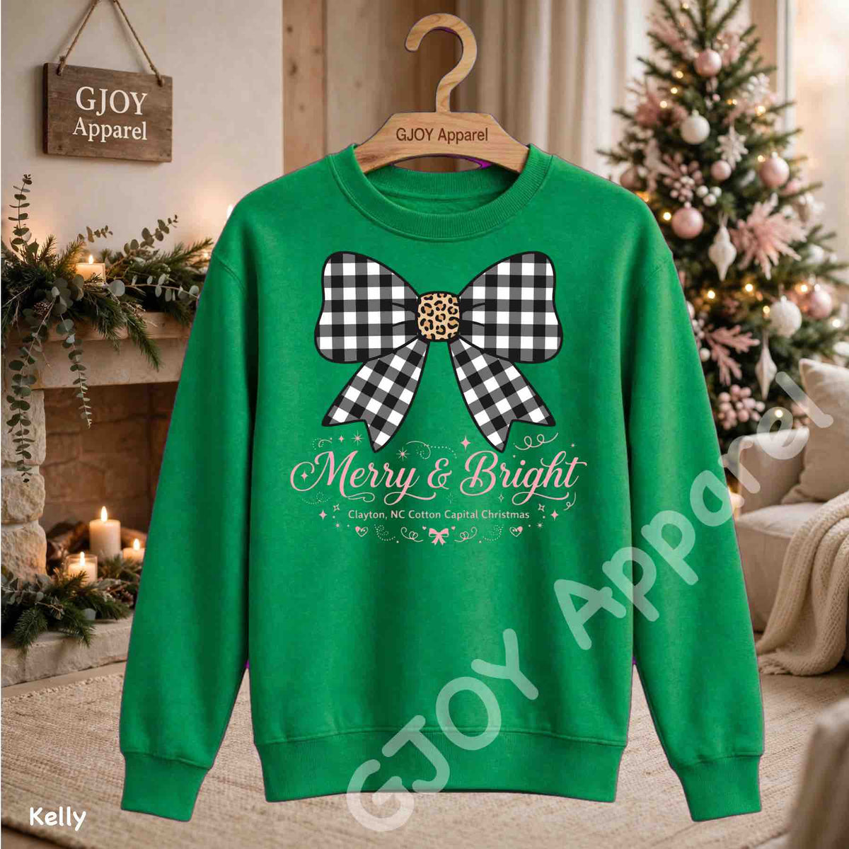 Clayton NC Cotton Capital Christmas Sweatshirt - Merry and Bright Buffalo Bow - Kelly - Grand Print YJ