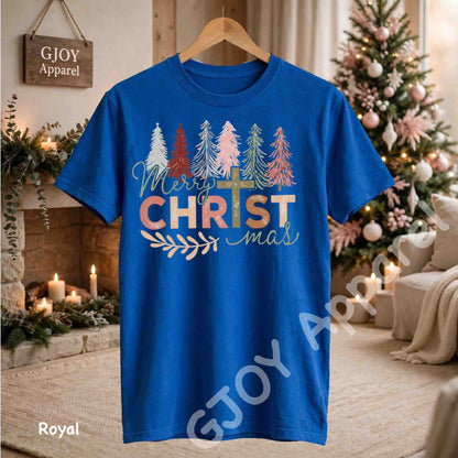 Merry Christmas Christian T-Shirt - Jesus Cross Christmas Trees Design - Royal Gildan 5000 - Grand Print YJ