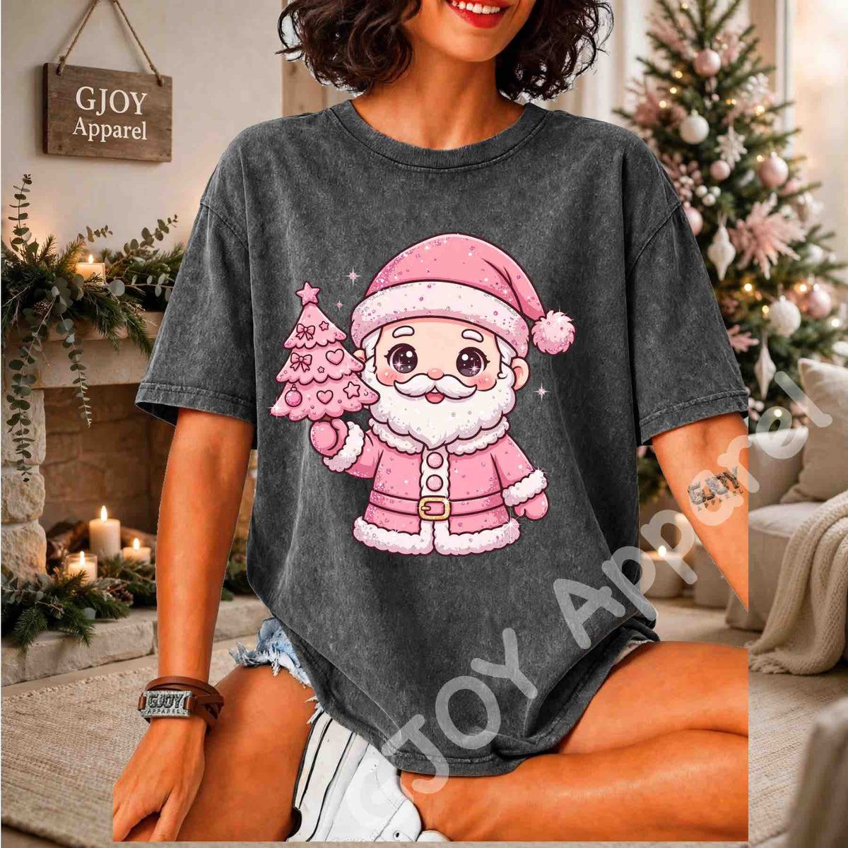 Cute Pink Santa Claus Acid Wash T-Shirt - Pink Santa Holding Christmas Tree Design - Grey - Grand Print YJ