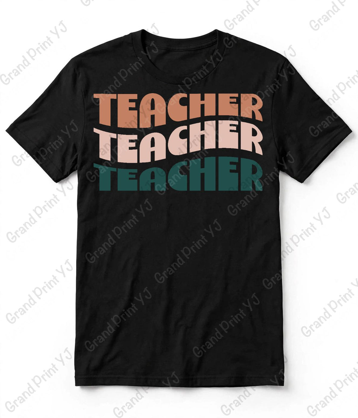 A black short-sleeve t-shirt with a retro-style graphic text print reading 'TEACHER TEACHER TEACHER' in peach, light pink, and teal colors, displayed flat against a white background with diagonal watermarks.