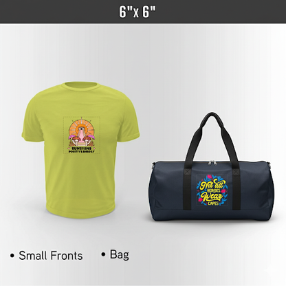 Personalized yellow t-shirt with a design and personalized navy duffel bag with text on a white background