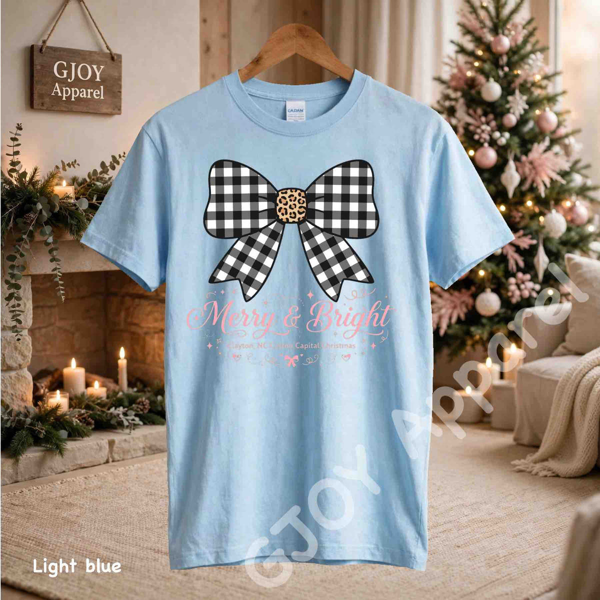 Clayton NC Cotton Capital Christmas T-Shirt - Merry and Bright Buffalo Bow - Light Blue Gildan 5000 - Grand Print YJ