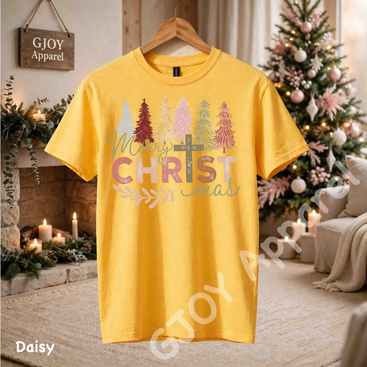 Merry Christmas Christian T-Shirt - Jesus Cross Christmas Trees Design - Daisy Gildan 5000 - Grand Print YJ