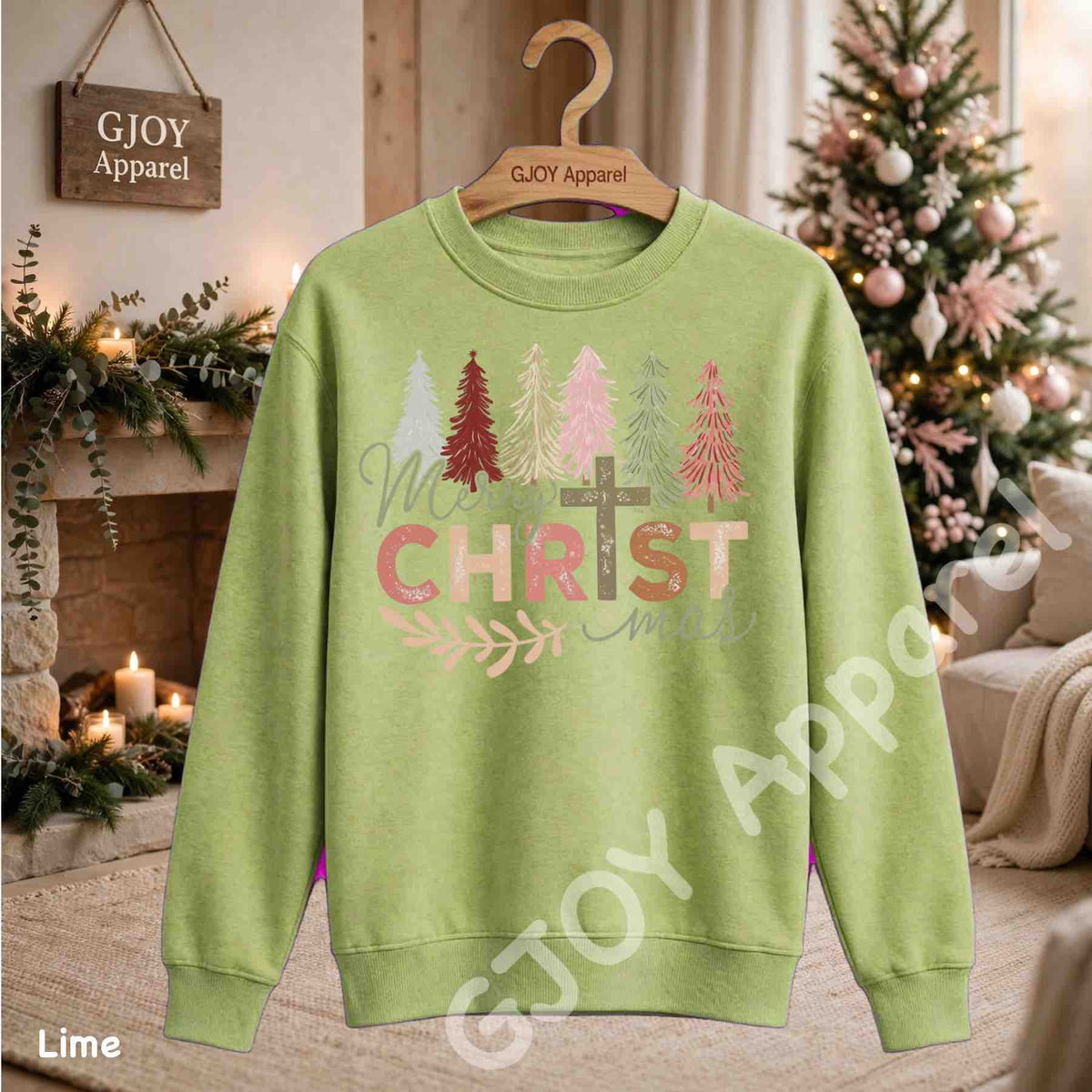 Merry Christmas Christian Sweatshirt - Jesus Cross Christmas Trees Design - Lime - Grand Print YJ