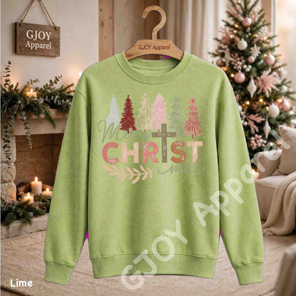 Merry Christmas Christian Sweatshirt - Jesus Cross Christmas Trees Design - Lime - Grand Print YJ