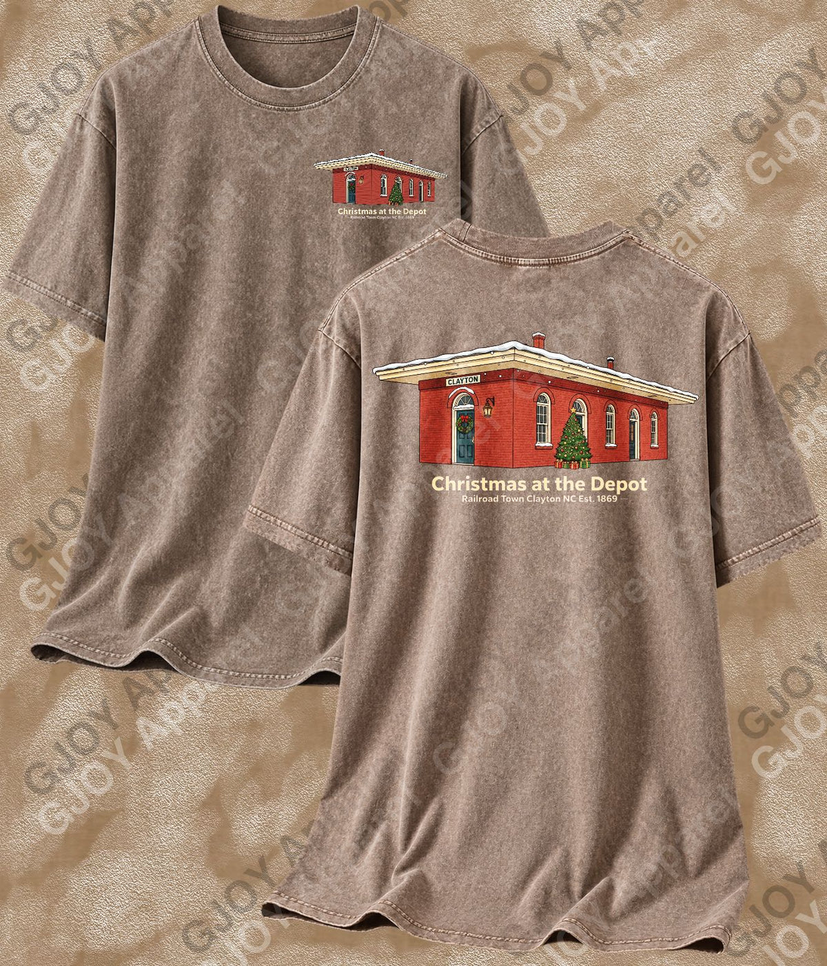 Christmas at the depot - Vintage Acid Wash T-Shirt | Railroad Town Clayton Unisex Oversized Graphic Tee