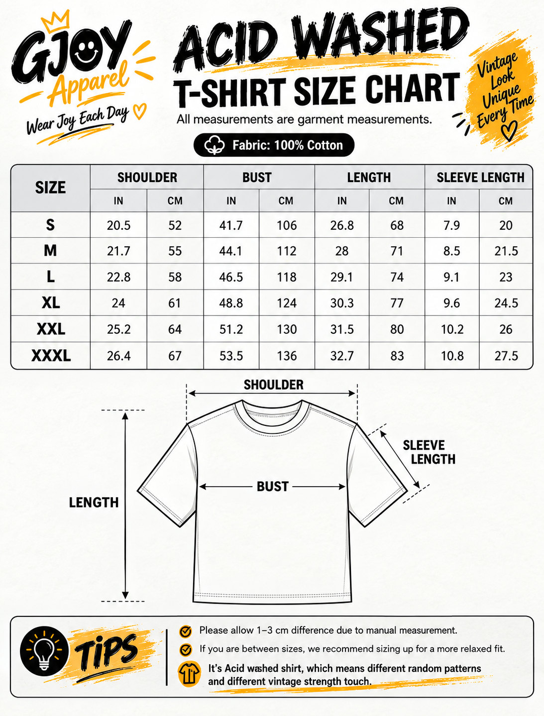 A GJoy Apparel size chart graphic for acid washed t-shirts, showing a size table from S to XXXL with measurements in inches, a line drawing of a t-shirt with labeled bust, length, and sleeve length, and sizing tips at the bottom.