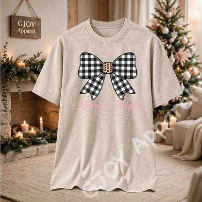 Clayton NC Cotton Capital Christmas Acid Wash T-Shirt - Merry and Bright Buffalo Bow - Beige - Grand Print YJ