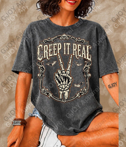 Halloween (103) Creep it Real- Adult Vintage Stylish Acid Wash Unisex Oversized Graphic Tee |Youth Gildan| Adult Gildan