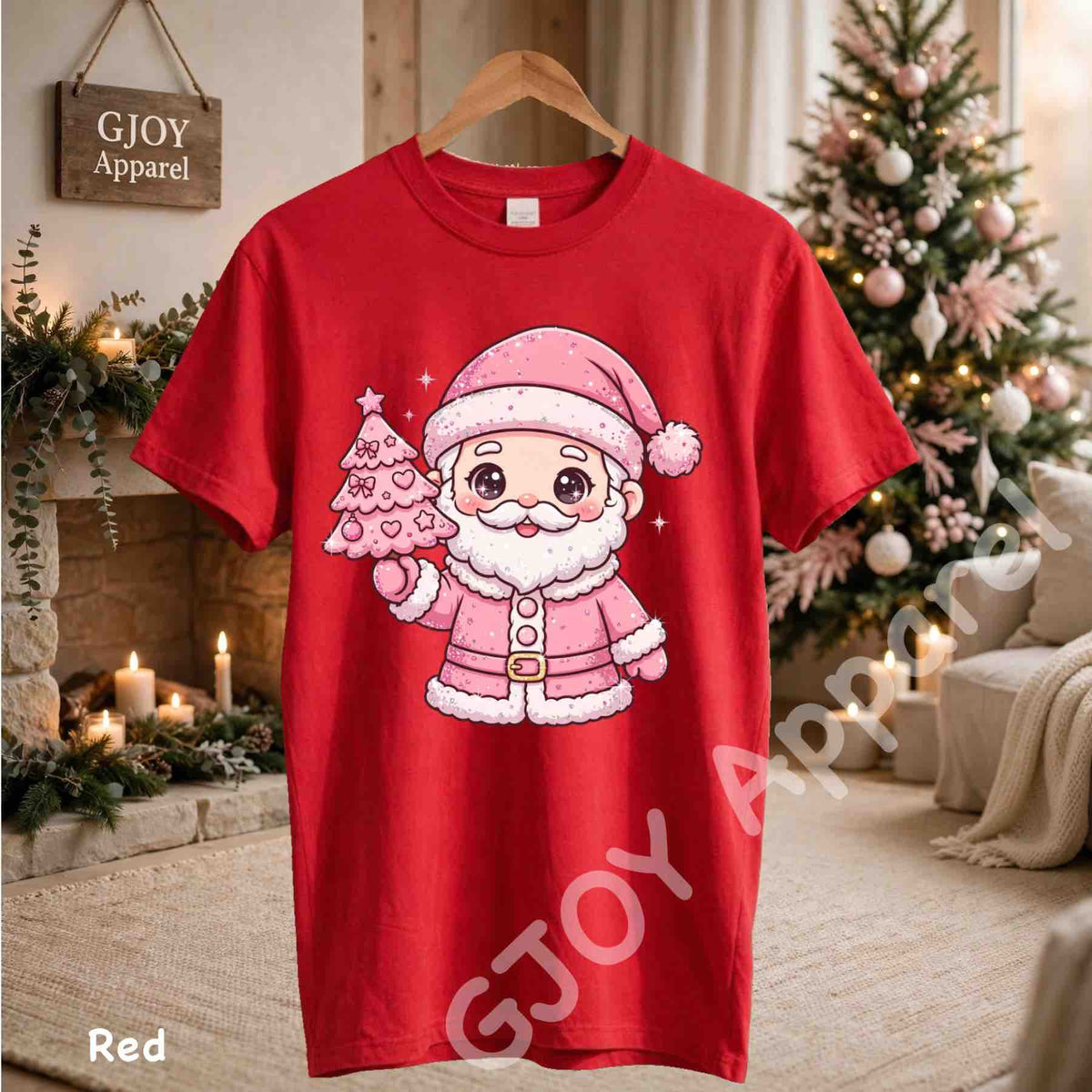 Cute Pink Santa Claus T-Shirt - Pink Santa Holding Christmas Tree Design - Red Gildan 5000 - Grand Print YJ