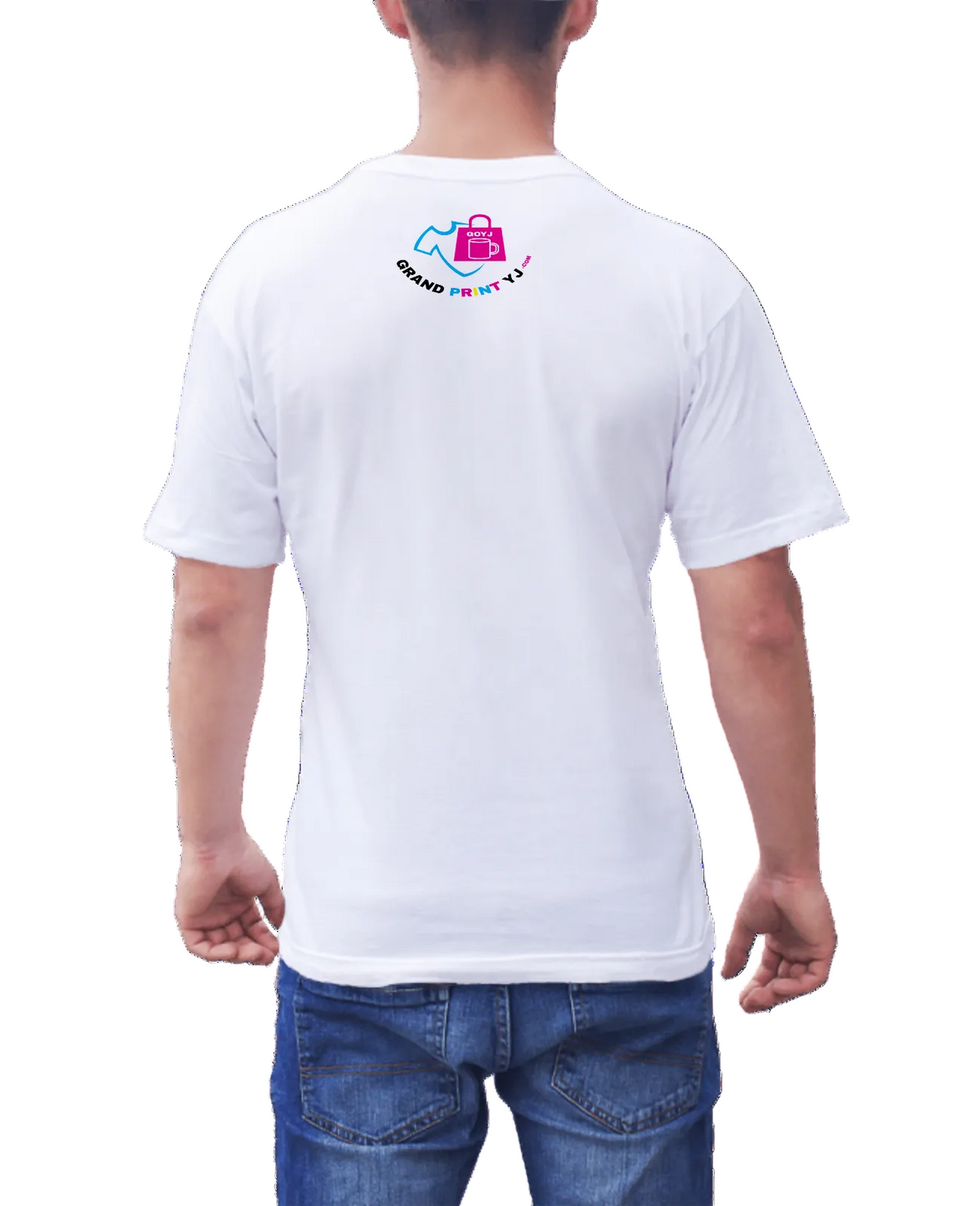 Person wearing a white t-shirt with a colorful logo on the back, standing against a white background.